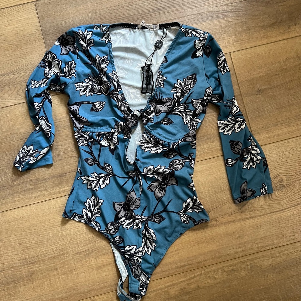 For Love And Lemons Teal and Black Floral Bodysuit size xsmall nwt